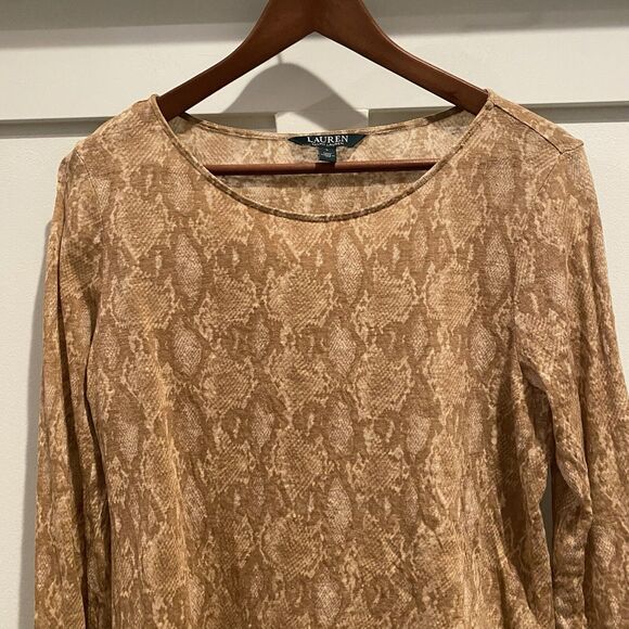 LRL Ralph Lauren Top Women Large Tan Snake Print 100% Linen Semi Sheet Python - Picture 1 of 12
